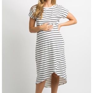 White Striped Short Sleeve Maternity Midi